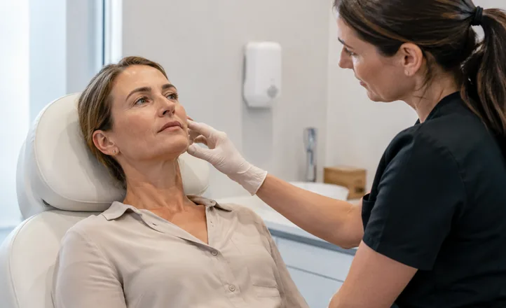 Patient having her skin assessed during a cosmetic medicine consultation