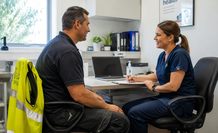 A tradesperson discussing his pre-employment medical with a nurse at Gavin Lobo Health